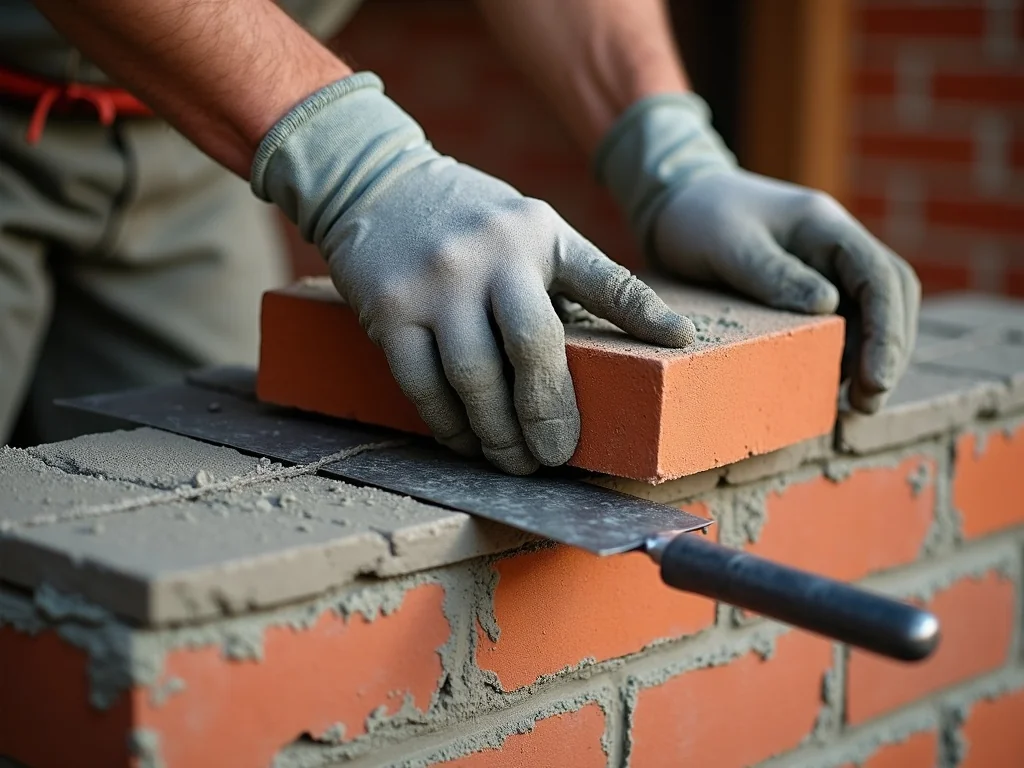 Gloved hands laying face brick in mortar.