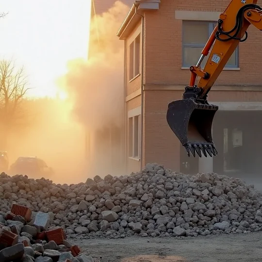Excavator bucket over rubble at a part-demolished building.