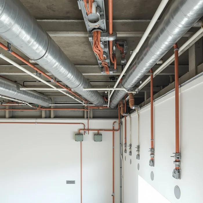 Cable trays, pipework and conduit above an unfinished ceiling.
