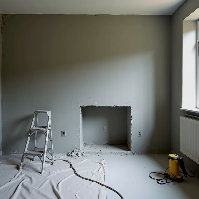 House interior mid-renovation with new plaster and a steel lintel over a new opening.