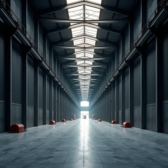 Interior of a steel warehouse portal frame.
