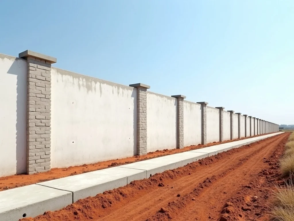Newly plastered boundary wall with face-brick piers on a cleared site.