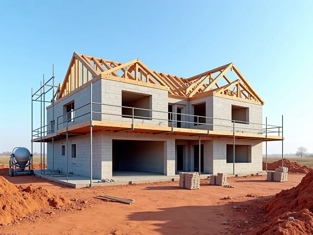 Double-storey building under construction with blockwork walls and new roof trusses.