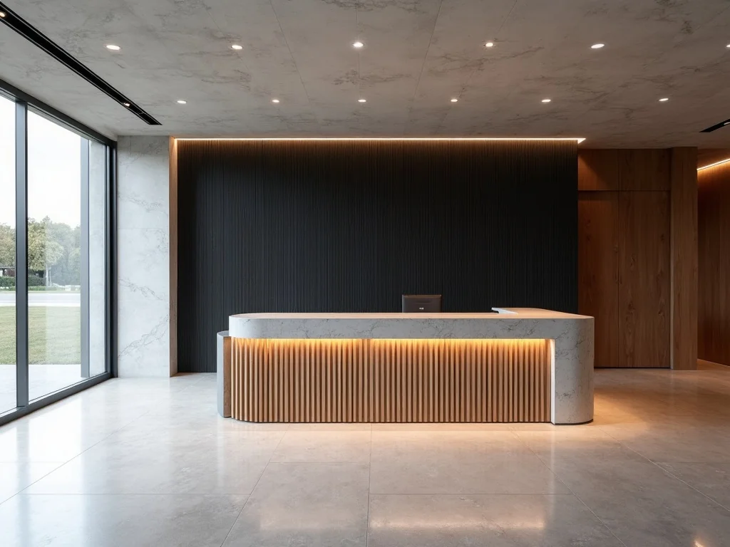 Completed modern commercial reception fit-out with an empty stone counter.